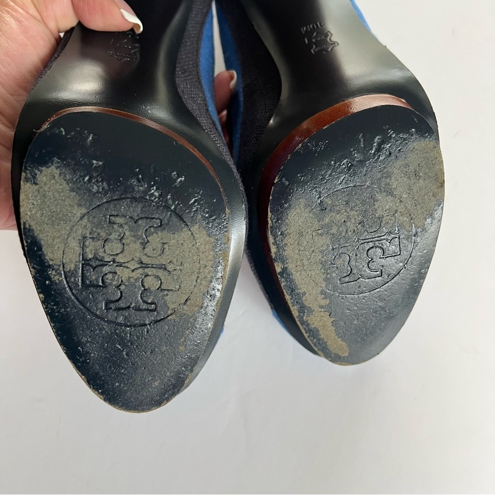 Tory Burch Joelle Blue Striped Wood Platform Wood Heel Fabric Pumps - Picture 11 of 15